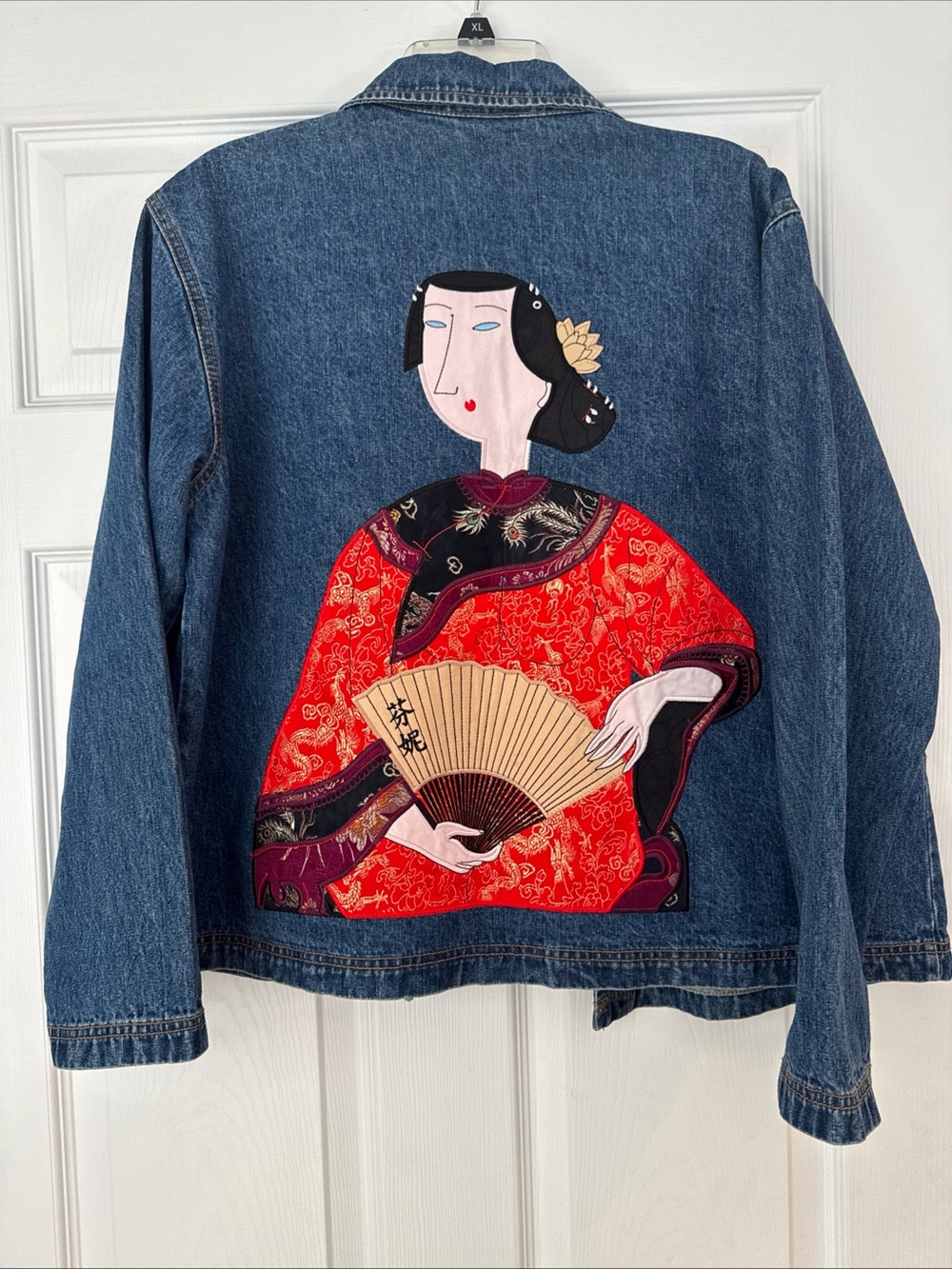 Vintage Chicos Design Denim Jacket with Red Geisha Back Applique Size 2 (Large)